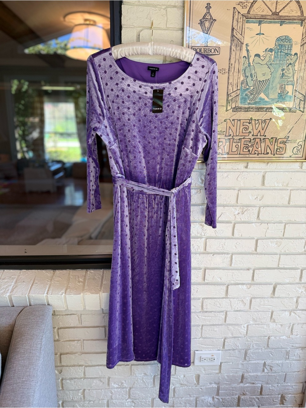 NWT Torrid Purple Velvet Polka-Dot Long Sleeve Midi Dress with Belt
